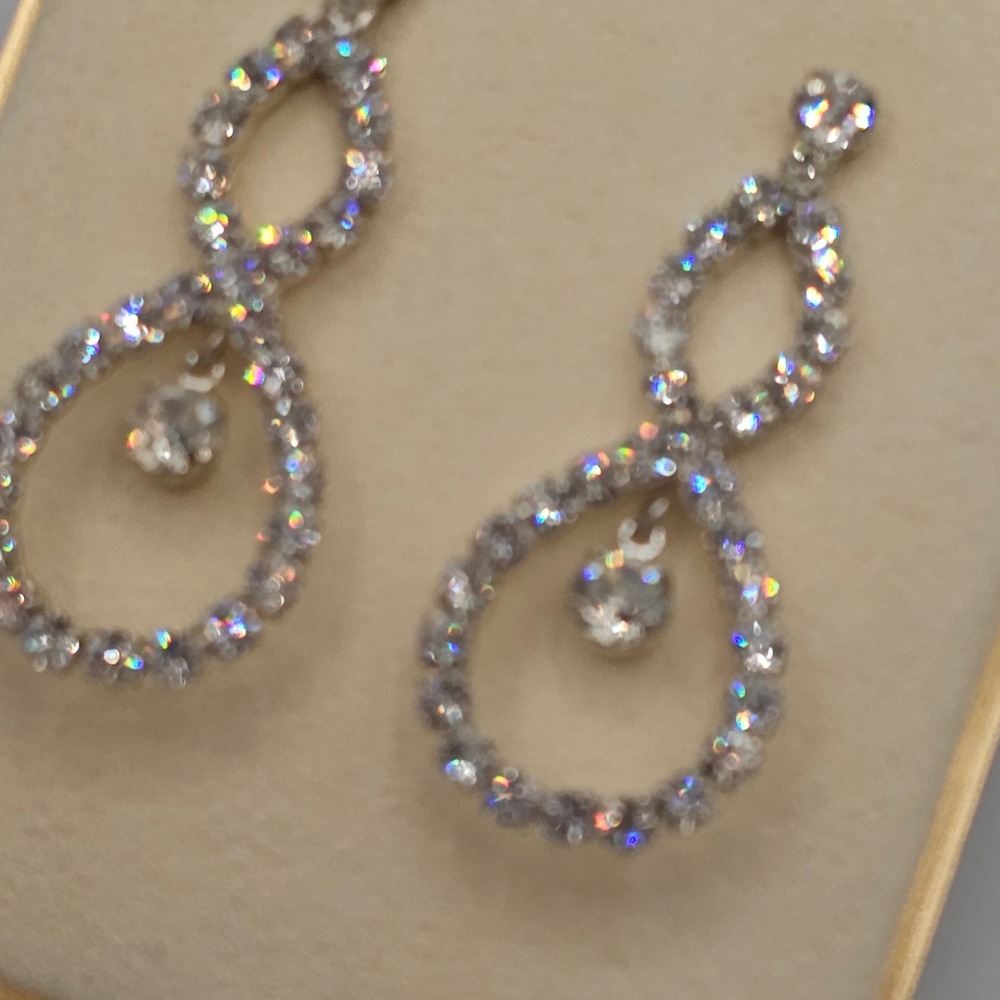 Y2K Clear Crystal Rhinestone Double Teardrop Drop Earrings Formal Bridal Sparkle - Picture 6 of 15